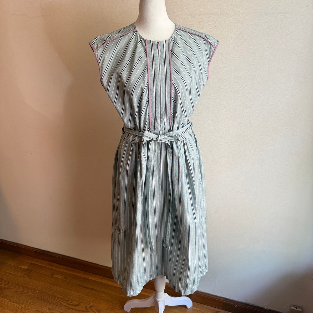 AKNVAS Women's Dress Cotton Poplin Striped Belted Green White Pink Size S
